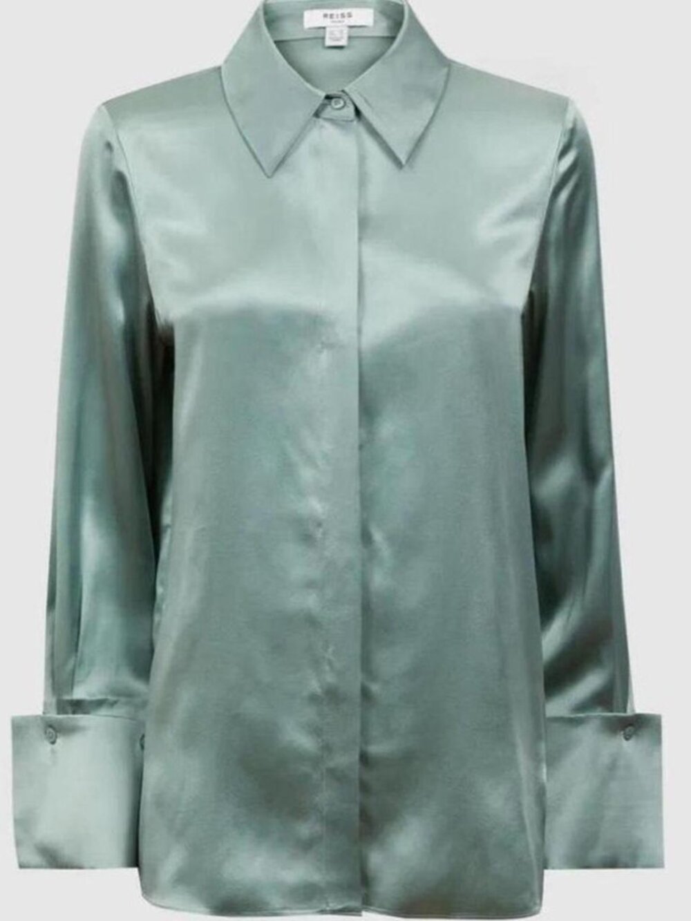 NWOT Reiss Silk Button-Front Blouse in Sage - $295 new! - Sz 12 / L- 100% Silk - Picture 1 of 3